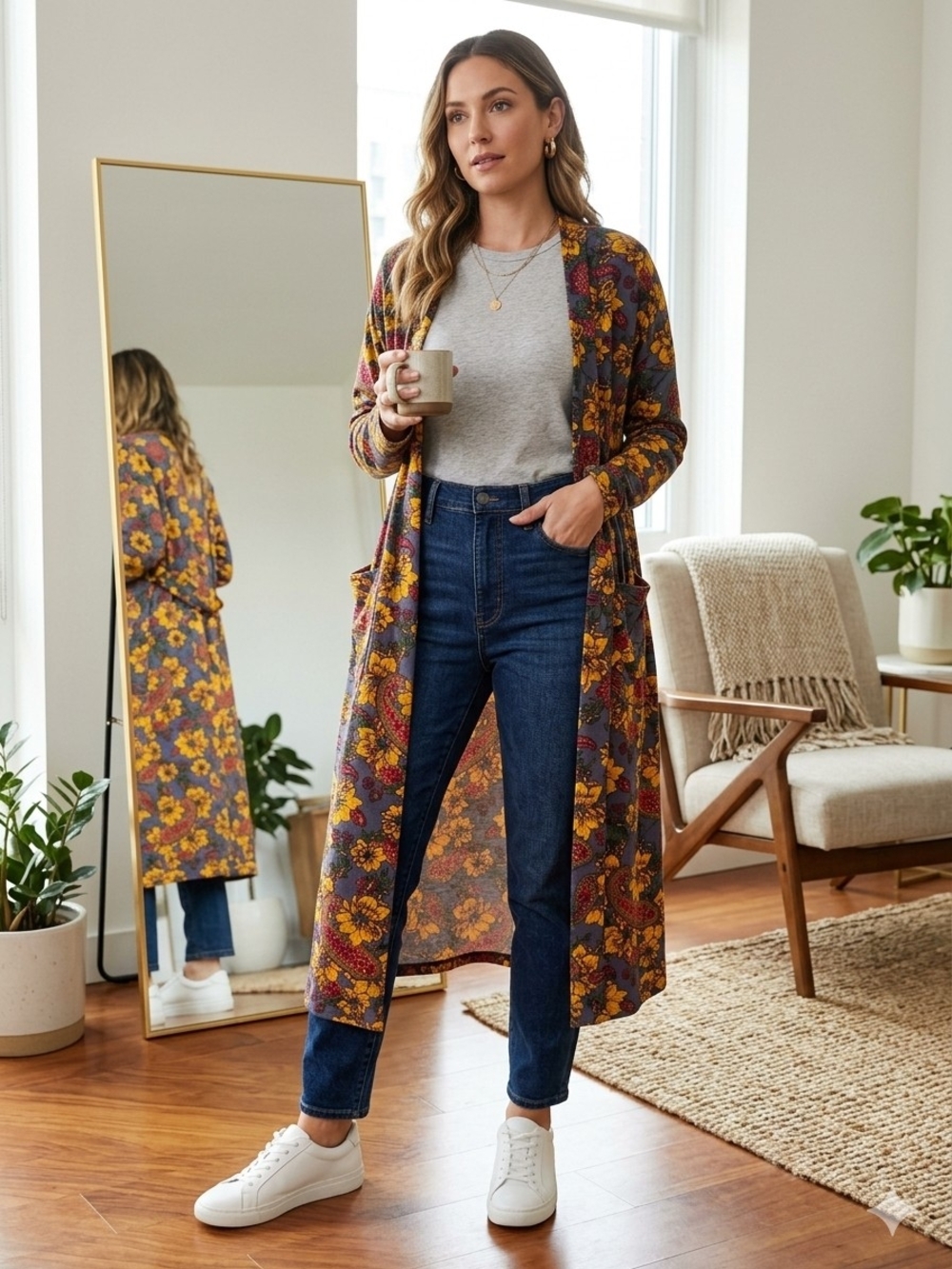 Floral Long Open Cardigan - Yellow & Burgundy on Navy